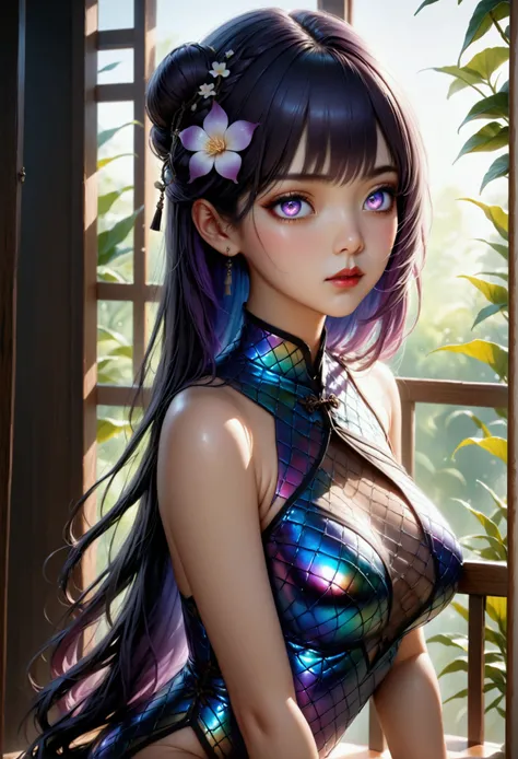 (masterpiece, aesthetic, detailed eyes, realistic), 1girl, mahiru shiina, Long smooth straight dark purple hair, inner dark iridescent hair, iridescent eyes, aesthetic curvy figure, sitting in sexy cheongsam, super detail, best quality, 8k