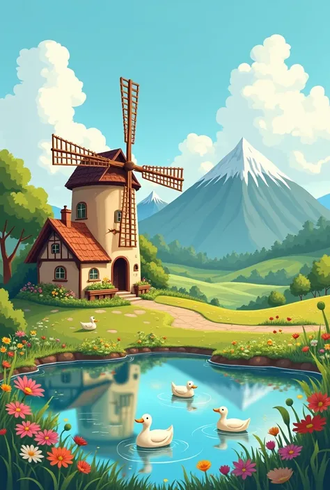  Cartoon of a mountain landscape, A windmill, a house with flowers and a lake with ducks.