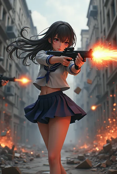 Draw an anime girl like Yandere but equipped with weapons and shooting at a Russian soldier