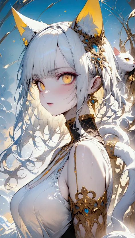 (masterpiece), ((incredibly detailed)), (award winning artwork), detailed beautiful eyes, (modern world setting), 1girl, oracle girl, catgirl, white cat ears, silver accent accesories, long white cat tail, large breasts, mommy type of character, yellow eye...