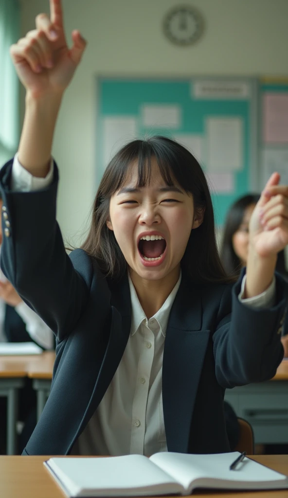 (((face))), (  High Quality  ,Reflect,   CINEMATIC EXPERIENCE   ,photorealistic:2.0,RAW format photos:2.0,   super detailed),  A group of 3 high school students in 8K A Asian female uniform are gathered at the classroom desk 。Take a close-up look at only o...