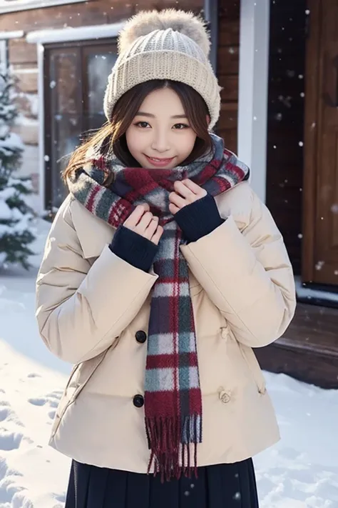 Snow Scene、 One Woman 、Warm coat 、 sweater、 scarf wrapped、It&#39;s winter、 viewer、 smiling、Open value f1 .2、Taken with a 200mm telephoto lens、Portrait Style、 high-definition face 、Age 35、Wearing gloves