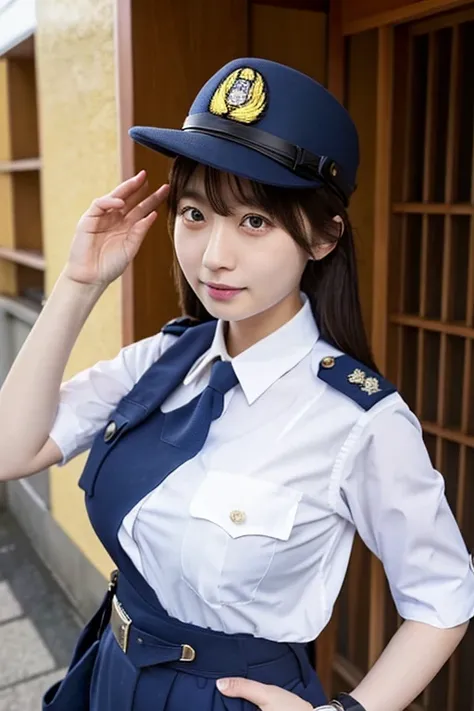 Japanese police women、 girl、22 years old、cute、 Japanese idols face urinating on viewers 、Big Breasts、 upper body: police uniform、Lower Body: white panties、head:Police hat、