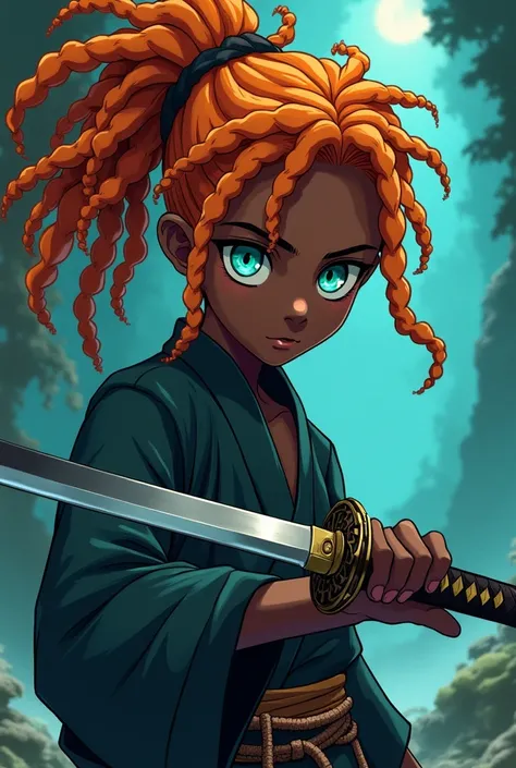 dark skinned boy,  with orange dreadlocks and aquamarine eyes. With an anime-style katana 