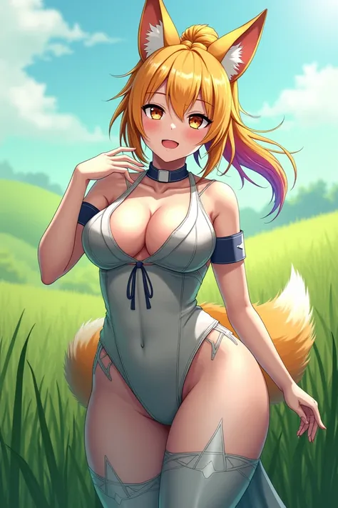 Bigger boobs bigger boobs bigger boobs Foxgirl shy Feminim face sailor bodysuit white blue long skirt red rainbow ponytail hair sexiest anime in grass Field