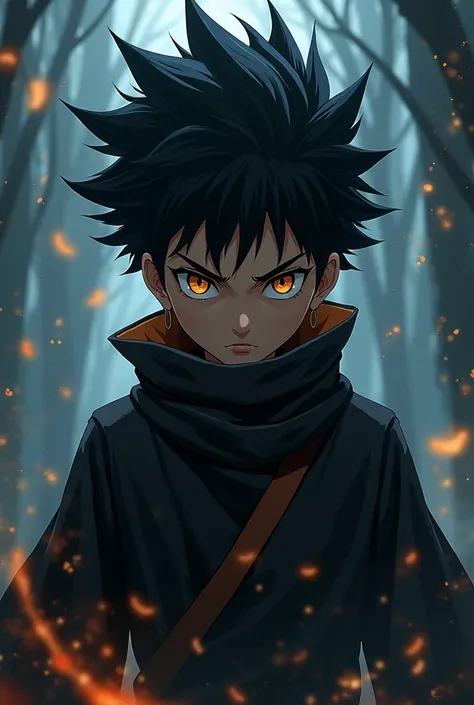 Make an art of a black boy with characteristics of Kokushibo from Demon Slayer and characteristics of Fushiguro Toji from Jujutsu Kaisen and characteristics of Sasuke from Naruto 