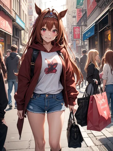 (​masterpiece, top-quality, hight resolution, Unity 8k, extremely details CG:1, Best Picture), Daiwa Scarlet (Uma Musume), (((tiara))), brown hair, red eyes, long hair, twintails, (horse ears, horse girl), "A modern urban setting, a young woman wearing a c...