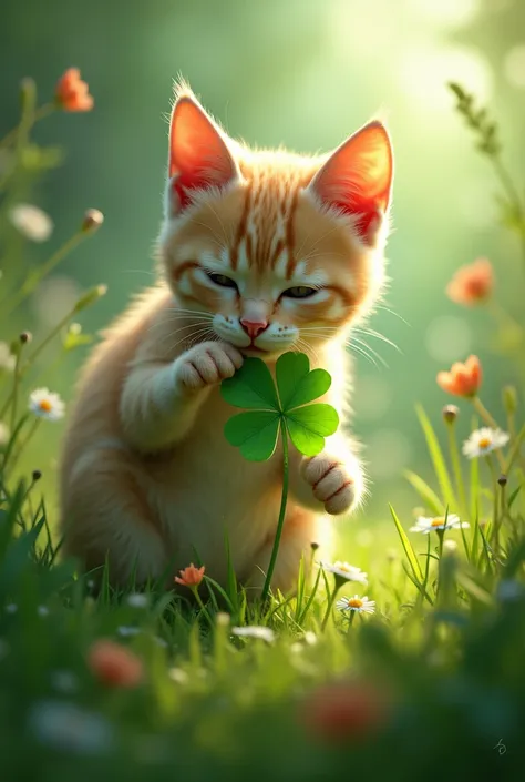 
image of a cat with a 4-leaf clover in the background 