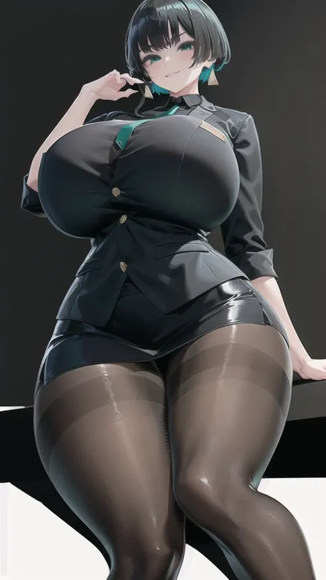 SFW, (Matte texture), sitting, 1 Secretary to support the viewer, ALLMIND, smug, naughty smile, (black hair), (short bob), earring, (green eyes), (tall and slim), (sensual body), (stocky build), (gigantic huge breasts), (extremely thick thigh), gigantic hu...