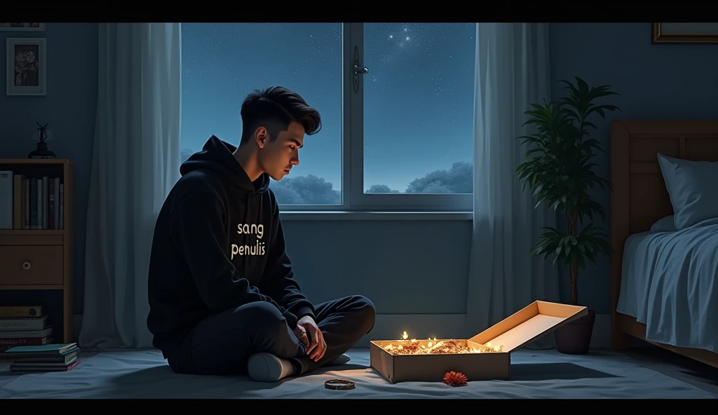 Prompt:
A hyper-realistic scene set in a dimly lit bedroom, with a large window framing a clear, starry night sky. The young man with short, neatly styled hair, free of bangs and revealing his strong, defined forehead, sits cross-legged on the floor, weari...