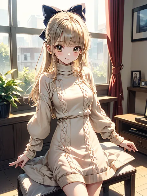  adorable girl,Brown medium long hair,Akabuchi and white hair bow ,((Beige knit dress that fits the body and is very short and shows the lines of the body:1.5))