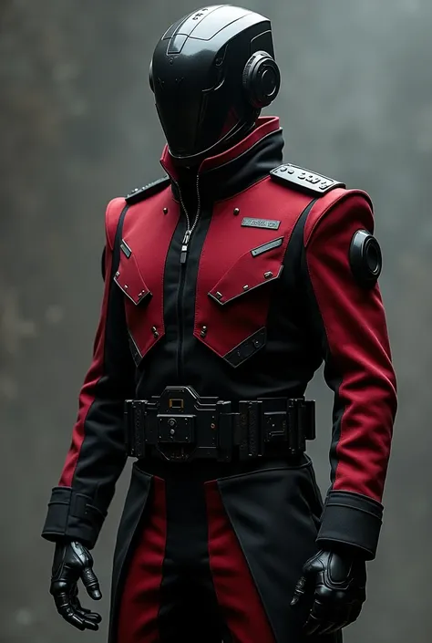  army officer wearing a uniform composed of gabardine dark boots, in red and black tones and a futuristic helmet