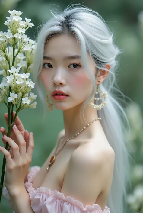 Model : FLUX1
Prompt :

4K professional photography create Portrait of Thai girl,highlight white and gray hair,pale skin,light pink wraped tube top,earrings,necklace ,playing white white flowers, blurry foreground, analog film, FujiF100, Film ultramax400

...