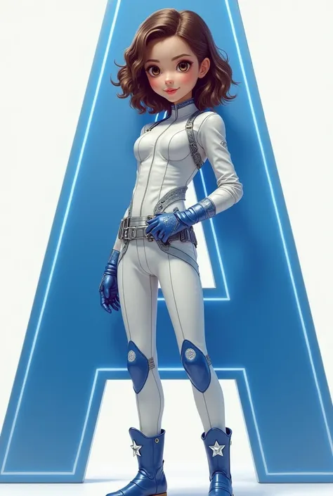 Create a short  full body realistic girl, king, with brown wavy hair,  and white wetsuit ,  and futuristic white leather blouse , and white leather pants ,  with the Silk screen in the shape of the letter A large Blue with a silver outline,  and blue glove...