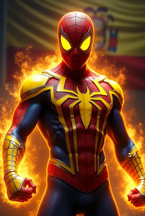 Create an image with the following details:

Background: A dark-toned Ecuadorian flag.
Character: A Spider-Man wearing a suit with the three colors of the Ecuadorian flag: yellow, blue, and red.
Pose:
Right Hand: Shooting a web with the typical Spider-Man ...