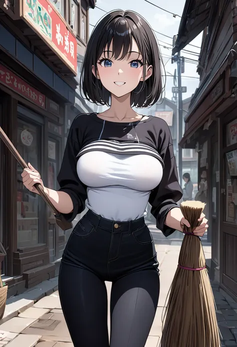  best quality、 Ultra Precise 、Detailed drawing、 vibrant colors、alone、Beautiful girl 、Age 30、General store entrance 、Around town、Beautiful big boobs、tight striped knit、Accentuate your bust、 black skinny pants、Close to the body、Broom in hand、Cleaning up、smil...