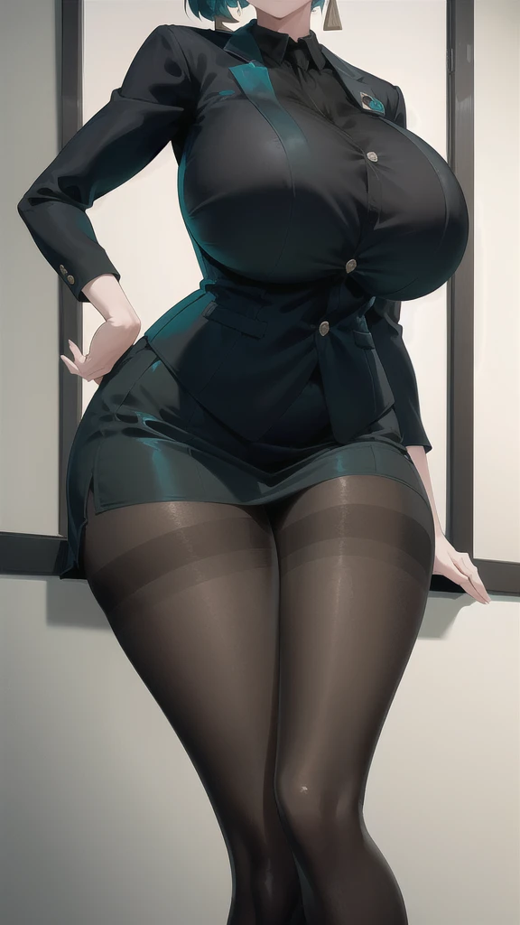 SFW, (Matte texture), sitting, 1 Secretary to support the viewer, ALLMIND, smug, naughty smile, (black hair), (short bob), earring, (green eyes), (tall and slim), (sensual body), (stocky build), (gigantic huge breasts), (extremely thick thigh), gigantic hu...