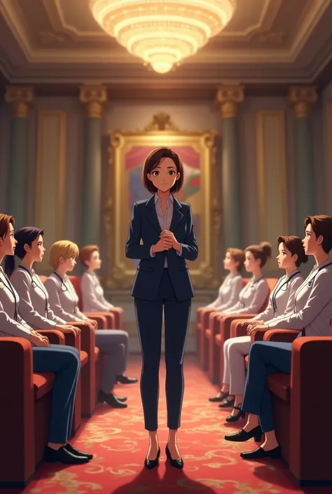 Show Isabella at a community health forum, speaking to a room full of local healthcare professionals. Nurses, doctors, and patients are listening intently. Anime in a realistic mood expensive room
