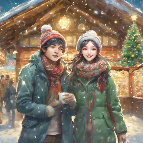 （masterpiece、high quality、High resolution、detailed、８k)、A Japanese couple in their 20s（Beautiful young man and beautiful woman、Beautiful eyes、Smooth Hair）、At the glittering Christmas market、Two people sideways、While staring at each other、Make eye contact、La...