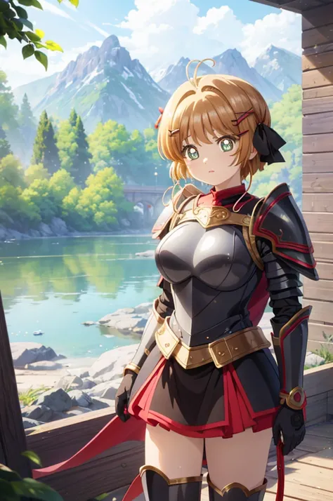 A beautiful girl in armor walking near a lake, anime girl, Kinomoto Sakura, tiara helmet, armour, (red and black armour:1.3), mountain, big rounds breasts, hairclip, hair ribbon, glowing eyes, pupils sparkling, longeyelashes, earrings, blush, intimidating ...