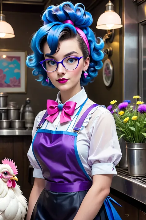 arrogant female Paint Silkie Chicken with blue feathers. The Chickens hairstyle with a blue Franz Schubert curly hairstyle. There is a hot pink ribbon necklace hanging around the chickens neck. sleeveless purple top paired, paired with black pants that hav...