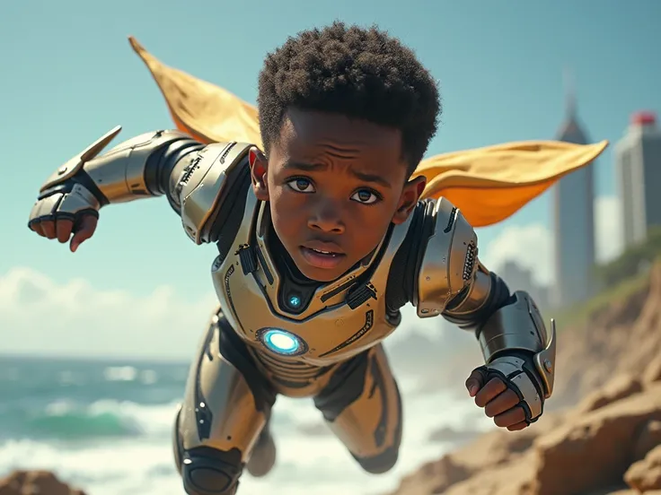  ten year old black boy wearing iron man armor running, going, flying, jumping, sideways, of coasts, Sad happy ,  screaming crying .