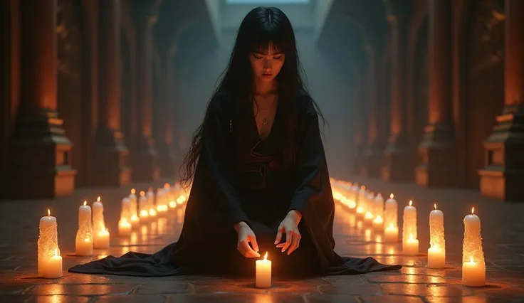 A magician girl in a black kimano ,  is kneeling in a dark hall lighting memorial candles