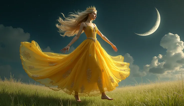 
25 year old blonde yellow haired princess in a yellow dress with gold ornaments with her body floating above the grass with her arms outstretched 
dark sky background with stars and moon