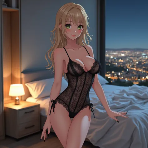 (((Anime girl))), (((Japanese anime style image))), (((anime))), (((manga))), (((hentai))). "27-year-old woman, with blonde hair, green eyes with gray tones and fine features. Her body is toned, with top model measurements (90-60-90). She is wearing teddy-...