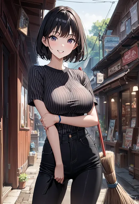  best quality、 Ultra Precise 、Detailed drawing、 vibrant colors、alone、Beautiful girl 、Age 30、General store entrance 、Around town、Beautiful big boobs、tight striped knit、Accentuate your bust、 black skinny pants、Close to the body、Broom in hand、Cleaning up、smil...