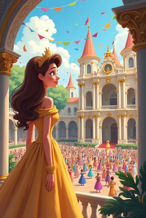 A cartoon princess in her palace watching her people partying in her birthday