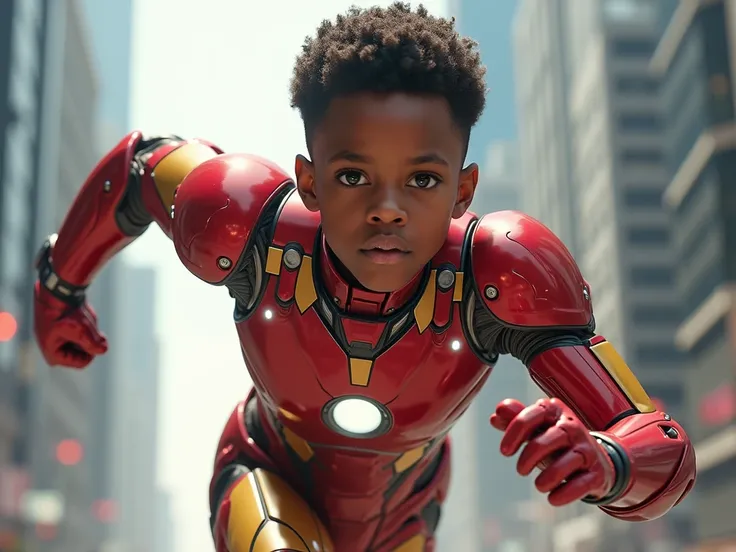  ten year old black boy wearing iron man armor running.