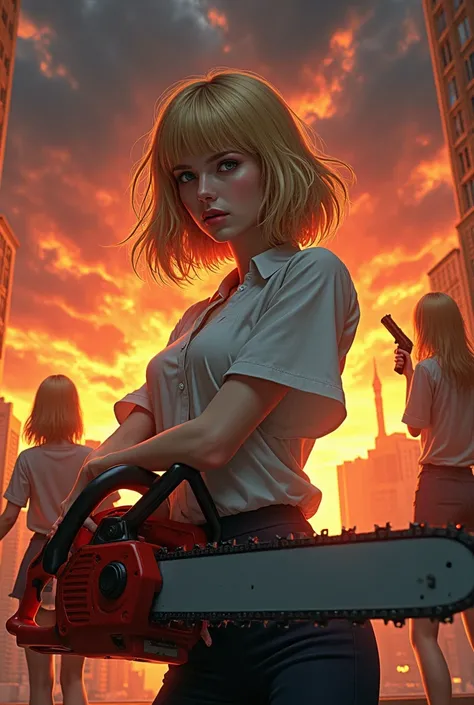 Girl in a white blouse with a chainsaw blonde girl with a gun in the background of a city sky a storm sunset 