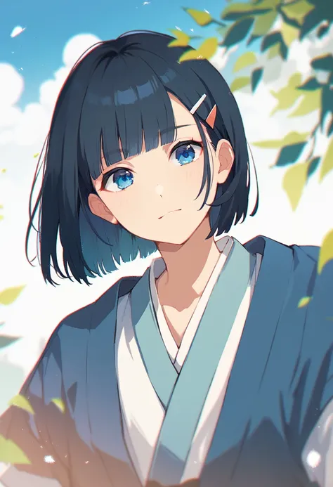 japanese, boy, bob cut, layered bob cut, black hair, short bangs, straight bangs, blue eyes, wearing cute hair clips