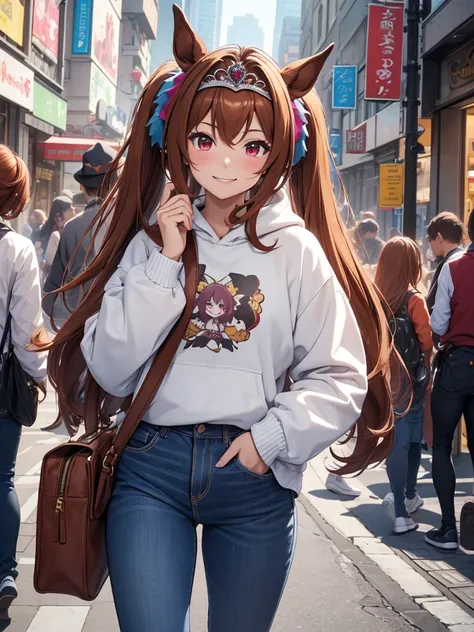 (​masterpiece, top-quality, hight resolution, Unity 8k, extremely details CG:1, Best Picture), Daiwa Scarlet (Uma Musume), (((tiara))), brown hair, red eyes, long hair, twintails, (horse ears, horse girl), "A modern urban setting, a young woman wearing a c...