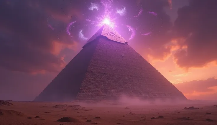 "An ancient Egyptian pyramid glowing with an ethereal energy, standing tall in the desert. Its shape and structure seem to channel energy from the Earth’s magnetic fields, with a faint glow emanating from the pyramid’s core. Surrounding the pyramid are mys...