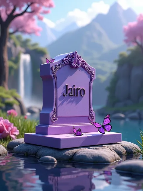 Create a purple headstone with the name Jairo with four butterflies flying around, use a garden with waterfalls, mountains and meandering rivers, accompanying the realistic 4K 3D image in the background