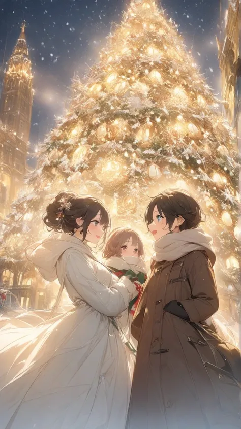 （masterpiece、high quality、High resolution、detailed、８k)、A Japanese couple in their 20s（Beautiful young man and beautiful woman、Beautiful eyes、Smooth Hair）、At the glittering Christmas market、Two people sideways、While staring at each other、Make eye contact、La...