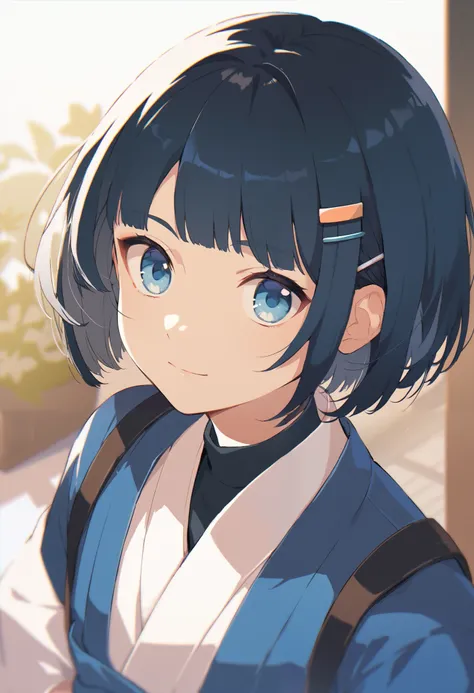 japanese, boy, bob cut, layered bob cut, black hair, short bangs, straight bangs, blue eyes, wearing cute hair clips