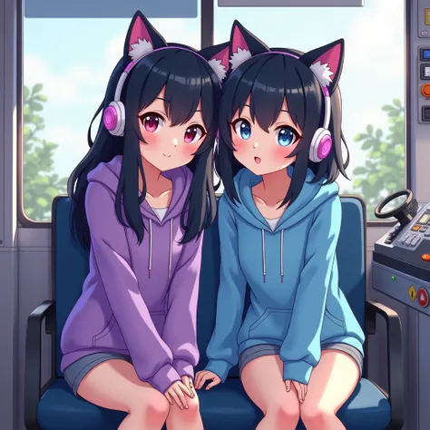 2  girls with black hair both wearing hoodie jackets and cat headphones and sitting in public transport in anime style drivers room