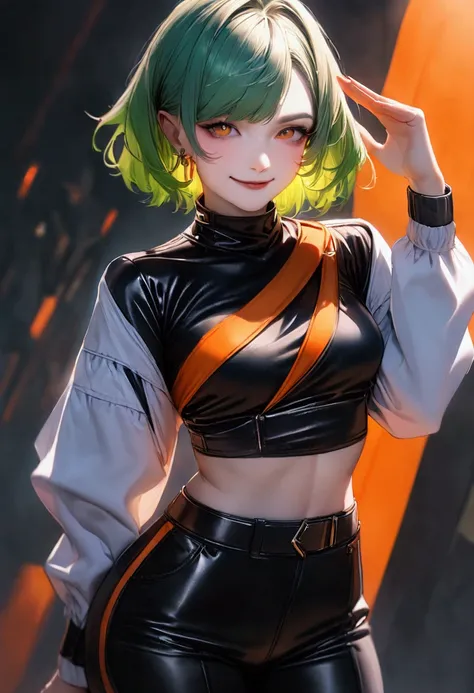 Create a character design for a futuristic androgine avatar with vibrant green hair and stylish attire. They wears a sleek white cropped top with orange accents and fitted black pants. Them pose is playful and confident, saluting with a smirk. The backgrou...