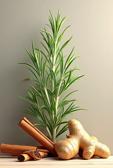 Rosemary plant, cinnamon and ginger with background 