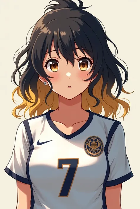 An anime girl from the Karasuno  , medium brown skin,  wavy black hair and pointed to the back of the neck blonde,  honey-colored eyes , Piercing in her ears ,  Karasuno shirt with the number 7

