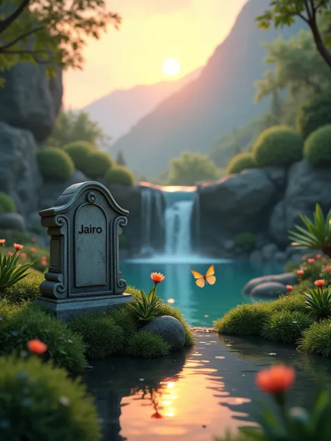 Create a very beautiful garden with waters, waterfalls, mountains and a sky with sunsets, a single tombstone in the center, four butterflies flying around and on the headstone of the name Jairo 4K 3D realistic lighting and blurring, give me the best qualit...