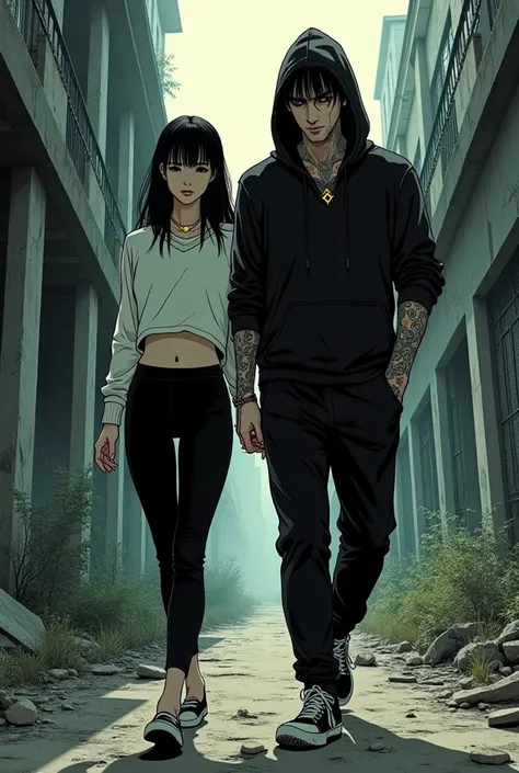 In the style of Junji Ito, Junji ito Manga type image, girl, Long sleeve crop top sweater, black leggings, necklace, ring, confident, medium length hair, long bangs, man in a black hoodie, sleeves rolled halfway up, black joggers, barbed wire style necklac...