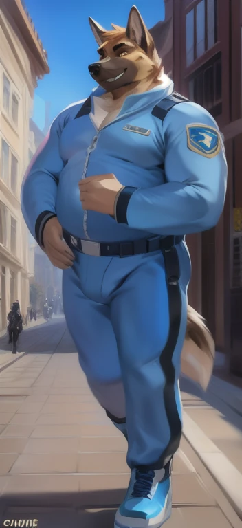 Solo, male Tall​, standing, street,pig German shepherd​ ice pink​,blue military spacesuit, overweight, muscular, smirking, by chunie