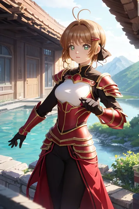 A beautiful girl in armor walking near a lake, anime girl, Kinomoto Sakura, armour, (red and black armour:1.3), mountain, big rounds breasts, hairclip, hair ribbon, glowing eyes, pupils sparkling, longeyelashes, earrings, blush, intimidating look, glossy l...