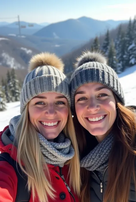 Blonde and brunette adult female selfie in the Poconos snow, ski lift 
