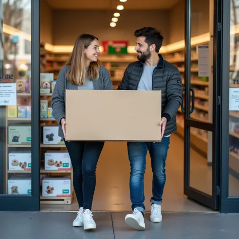 "A couple in their late 20s, casually dressed, exiting a Maxi Zoo pet store in France. They both hold a large, unmarked box, about the size of a PlayStation 5. The stores interior is visible in the background, with shelves of pet products. Natural light co...