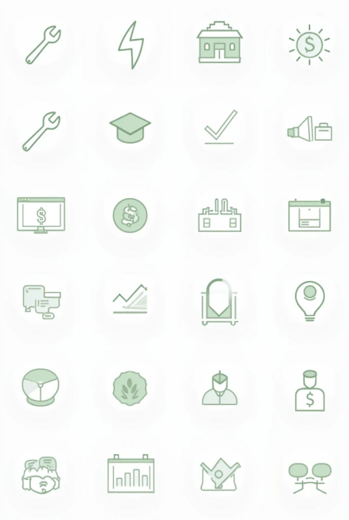 A cohesive and visually engaging set of icons to represent Michigans key infrastructure initiatives. The icons include a wrench, a lightning bolt, a computer chip, a building, a green leaf, a graduation cap, a dollar sign, a checkmark, a calendar, a speech...